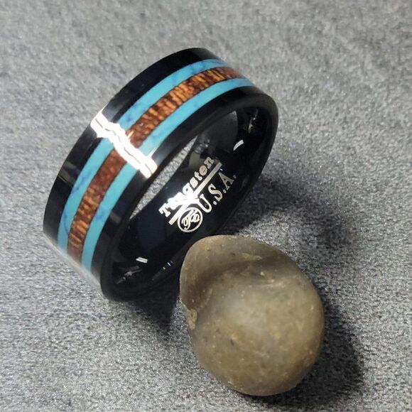 Men's Real Black Tungsten Wedding Ring Turquoise and Koa Wood Inalys - Picture 5 of 5